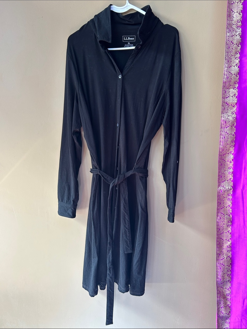 L.L. Bean Black Long-Sleeve Shirt Dress with Self Tie